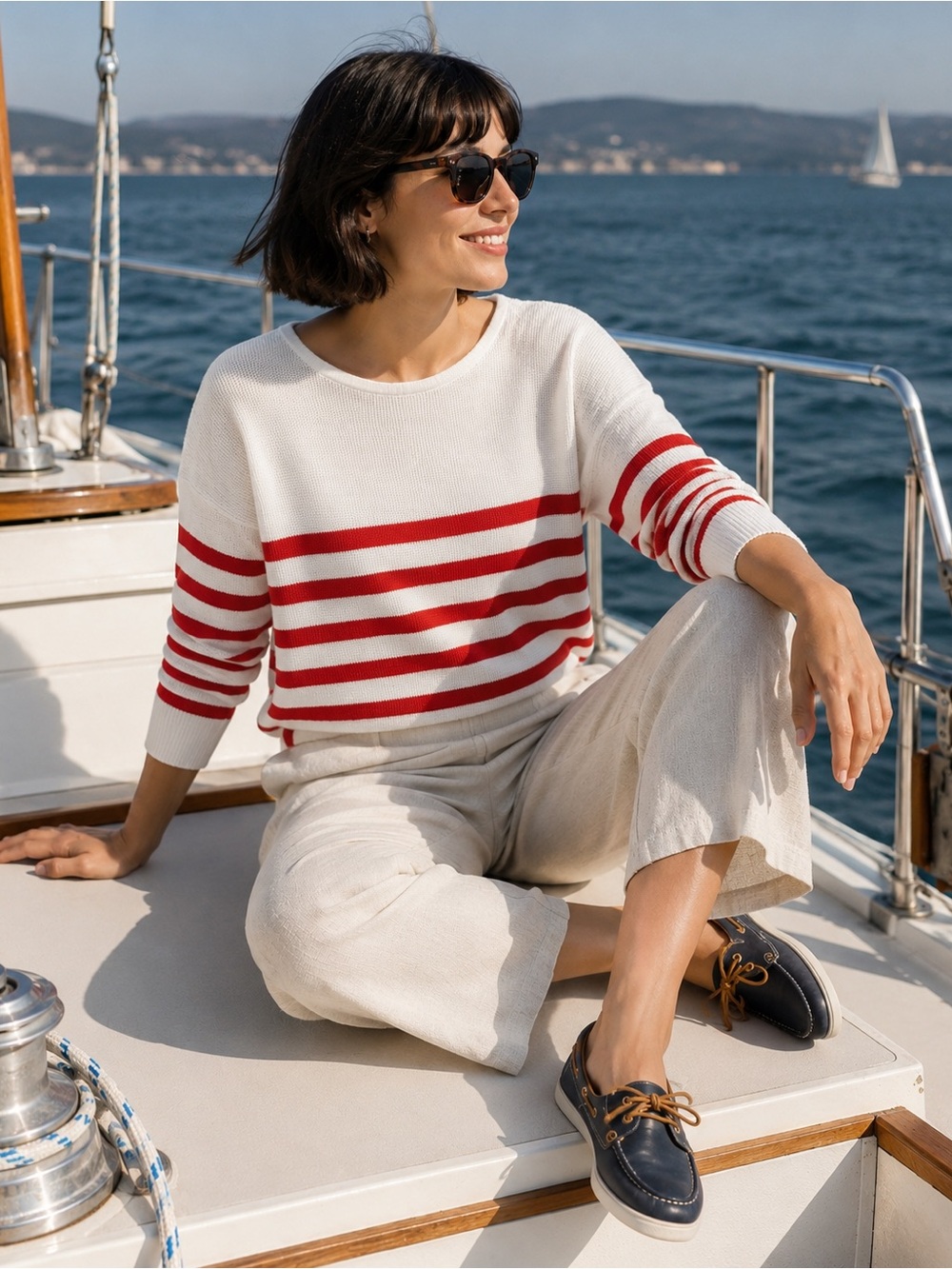 Cyrus Red and White Striped Waffle Knit Sweater w Boat Neckline - M